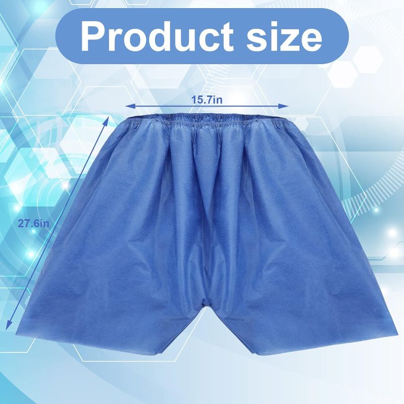 Photo 1 of 25 Pcs Disposable Exam Shorts Medical Patient Exam Wear Short Non Woven with Elastic Waistband Disposable Unisex Shorts Large Patient Shorts Bottoms for Examination Massage Spray Tan Spa (Blue)