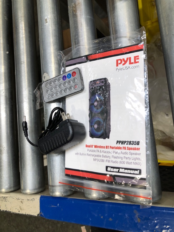 Photo 4 of Pyle Portable Bluetooth PA Speaker System - 600W Rechargeable Outdoor Bluetooth Speaker Portable PA System w/ Dual 8” Subwoofer 1” Tweeter, Microphone In, Party Lights, USB, Radio, Remote - PPHP2835B