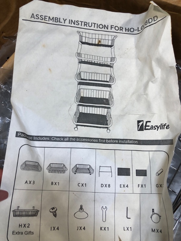Photo 3 of 1Easylife Fruit Vegetable Basket, 5 Tier Stackable Metal Wire Basket Cart with Rolling Wheels, Utility Rack for Kitchen, Pantry, Garage, with 2 Free Baskets (Silver) 5 Tiers Silver