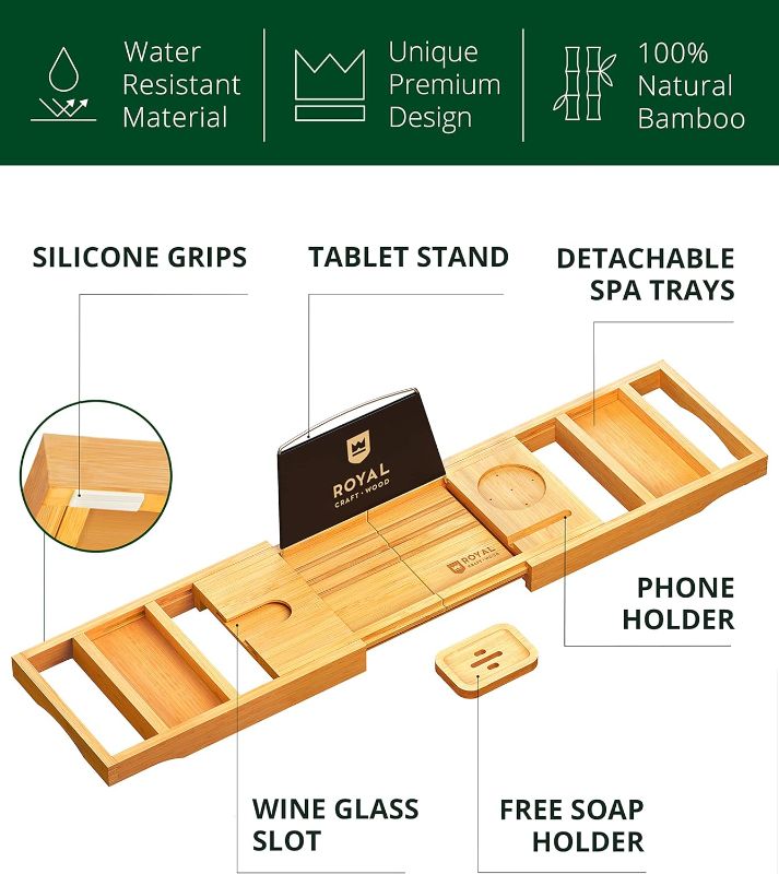 Photo 1 of  Bathtub Tray Caddy Bamboo Bathtub Tray Expandable, Bath Tub Table Caddy with Extending Sides 