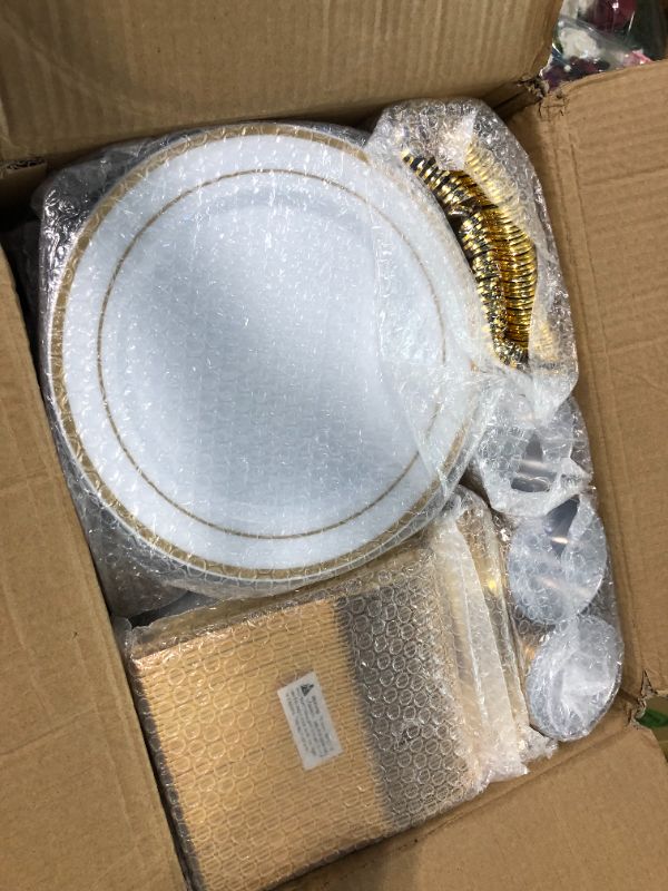 Photo 4 of 600 Piece Disposable Plastic Gold Dinnerware Set – 200 White and Gold Plates – Set of 300 Gold Silverware – 100 Gold Cups for Party or Wedding up to 100 Guests 100 Guest Set Gold