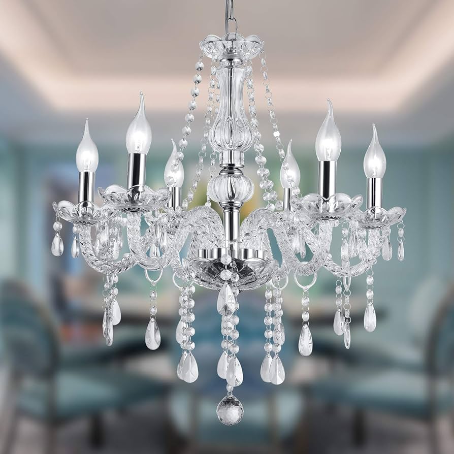 Photo 1 of Silver Color Luxurious Candle Crystal Chandelier, 6 Lights K9 Modern Crystal Chandelier for Dining Room, Glass Ceiling Pendant Lamp for Living Bedroom Lighting Hall Balcony (6 Lights, Silver)