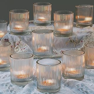 Photo 1 of 24 Pack Votive Candle Holders for Wedding Decor, Clear Glass DIY Wax Filling Romance Tealight Candle Holders, Vintage Stripe Tea Lights Candle Holder for Table Centerpieces?Clear,24?