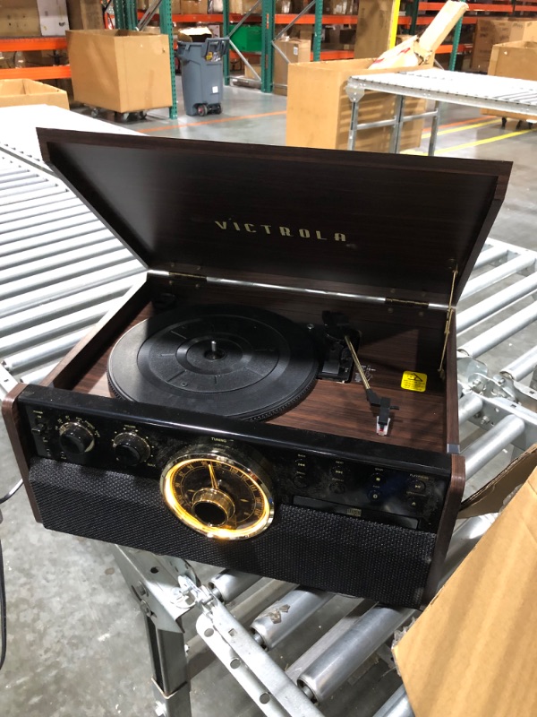 Photo 4 of Victrola Empire Mid-Century 6-in-1 Turntable with 3 Speed Record Player, Bluetooth Connectivity, Radio, Cassette and CD Player (Espresso) Espresso Record Player