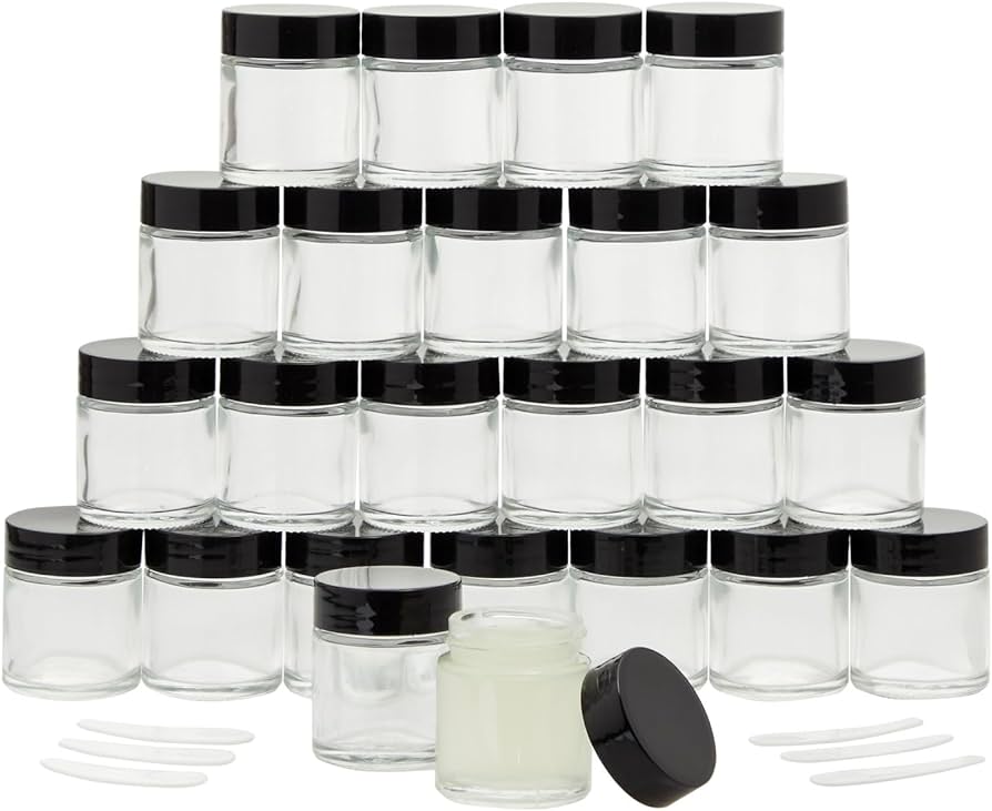 Photo 1 of 24 Pack Small Glass Containers with Lids 1 oz, Empty Jars with 6 Spatulas for Creams, Cosmetics, DIY Ointments, Mixing (30ml