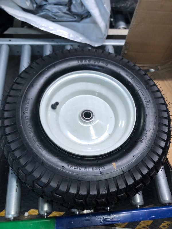 Photo 3 of (2-Pack) 16x6.50-8 Tubeless Tires on Rim - Universal Fit Riding Mower and Yard Tractor Wheels - With Chevron Turf Treads - 3” Offset Hub and 3/4” Bearings - 4 Ply with 615 lbs Max Weight Capacity 16x6.50-8 Tubeless White