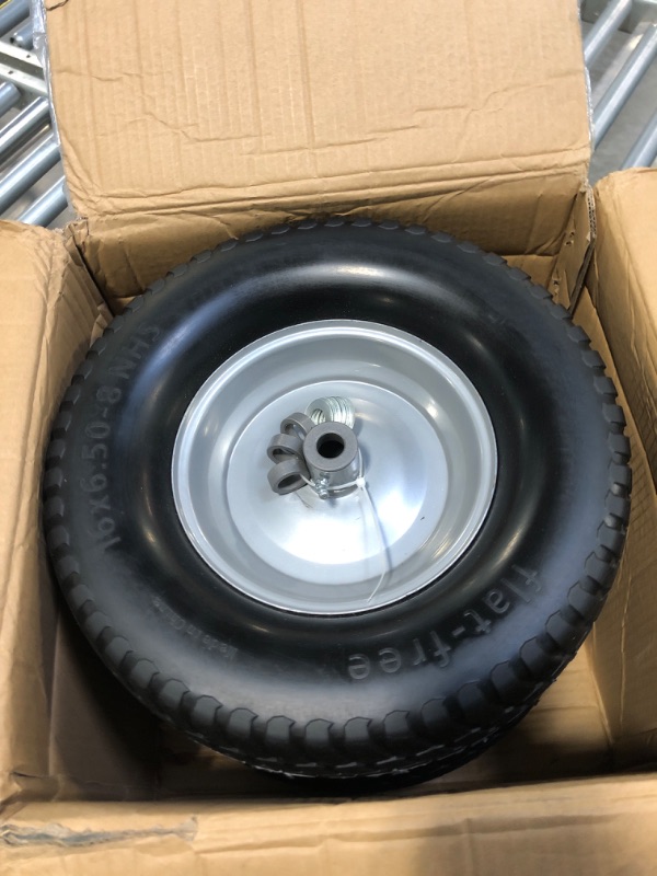Photo 3 of (2-Pack) 16x6.50-8 Tire and Wheel Flat Free - Solid Rubber Riding Lawn Mower Tires and Wheels - With 3" Offset Hub and 3/4" Bushings - 16x6.5-8 Tractor Turf Tire Turf-Friendly 3mm Treads 16x6.50-8 Flat-Free Silver