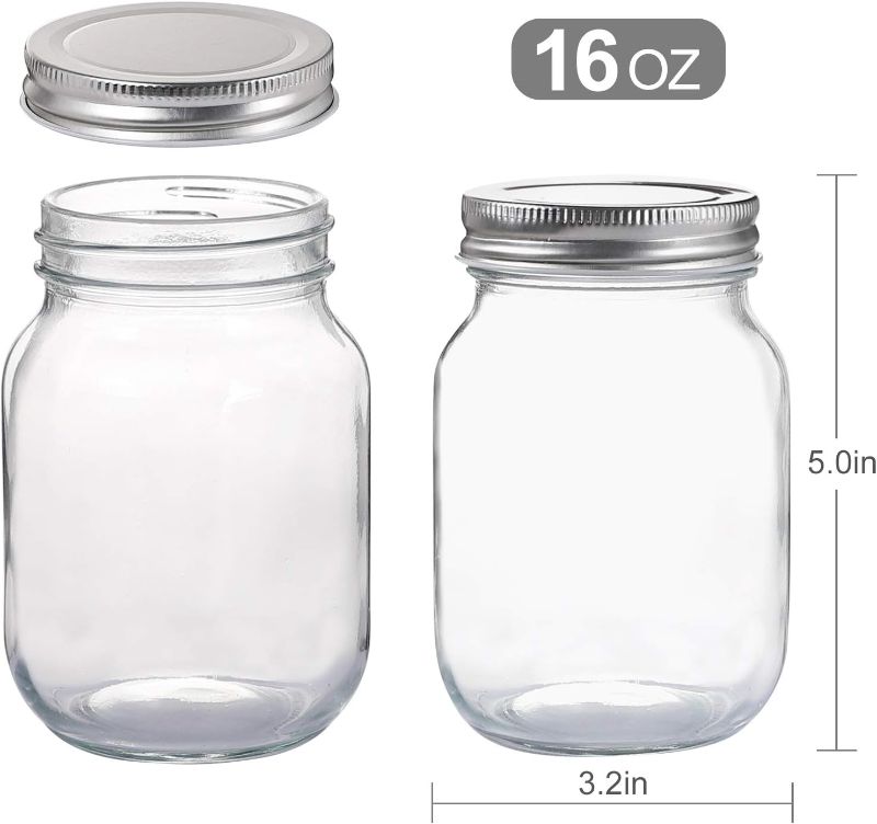 Photo 1 of YINGERHUAN Glass Regular Mouth Mason Jars, 16 oz Clear Glass Jars with Silver Metal Lids for Sealing, Canning Jars for Food Storage, Overnight Oats, Dry Food, Snacks, Candies, DIY Projects (6PACK) 500.0 ounces 6