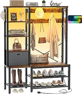 Photo 1 of Aheaplus Hall Tree with Storage Bench, Coat Rack with LED Lights, 5-Tier Shelves, Fabric Storage Basket, Side hooks, 71’’ Industrial 5 in 1 Large Organizer, Sturdy Metal Frame,  GREY