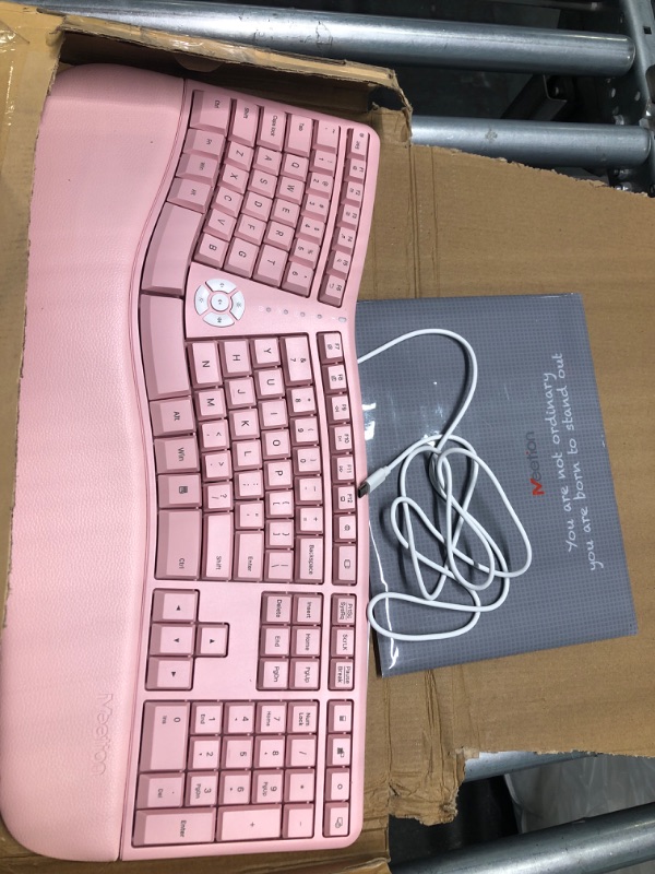 Photo 3 of MEETION Ergonomic Keyboard, Split Wireless Keyboard with Cushioned Wrist, Palm Rest, Curved, Natural Typing Full Size Rechargeable Keyboard with USB-C Adapter for PC/Computer/Laptop/Windows/Mac, Pink