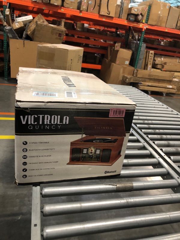 Photo 4 of Victrola Nostalgic 6-in-1 Bluetooth Record Player & Multimedia Center with Built-in Speakers - 3-Speed Turntable, CD & Cassette Player, FM Radio | Wireless Music Streaming | Mahogany Mahogany Entertainment Center