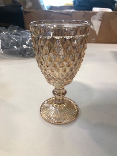 Photo 4 of Vintage Wine Glasses Set of 6, 10 Ounce Colored Glass Water Goblets, Unique Embossed Pattern High Clear Stemmed Glassware Wedding Party Bar Drinking Cups Diamond Amber Blue