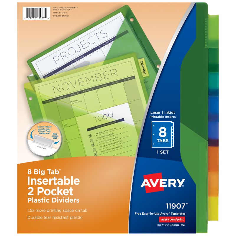 Photo 1 of Avery Big Tab Two-Pocket Insertable Plastic Dividers, 8-Tab, Multicolor (11907) | Quill 24 pcs 