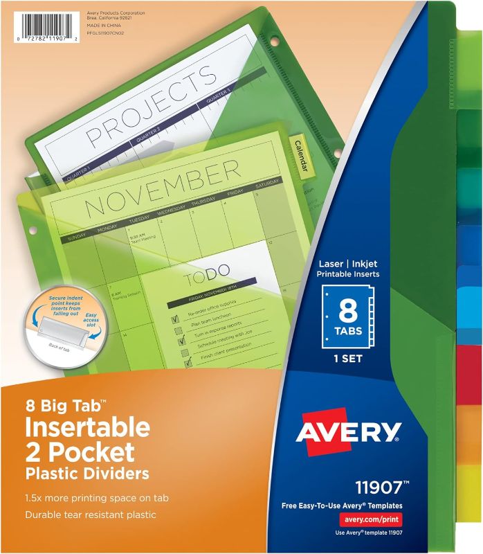 Photo 1 of Avery Big Tab Two-Pocket Insertable Plastic Dividers, 8-Tab, Multicolor (11907) | Quill 24 pcs 