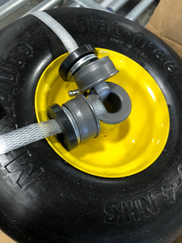 Photo 4 of MaxAuto 2PCS 9x3.50-4" Flat Free Lawnmower Tire on Wheel, 3.5" Centered Hub, 3/4" Bushings(Universal Adapter Kit Include: 2pcs 5/8" Sintered Iron Bushings, 2pcs 1/4" Nylon Spacers, 4pcs Steel Washers)