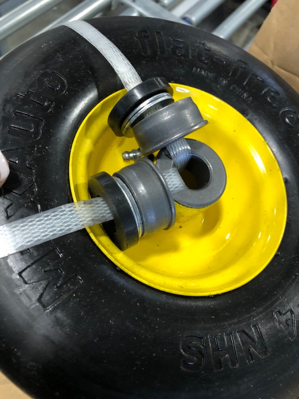 Photo 5 of MaxAuto 2PCS 9x3.50-4" Flat Free Lawnmower Tire on Wheel, 3.5" Centered Hub, 3/4" Bushings(Universal Adapter Kit Include: 2pcs 5/8" Sintered Iron Bushings, 2pcs 1/4" Nylon Spacers, 4pcs Steel Washers)