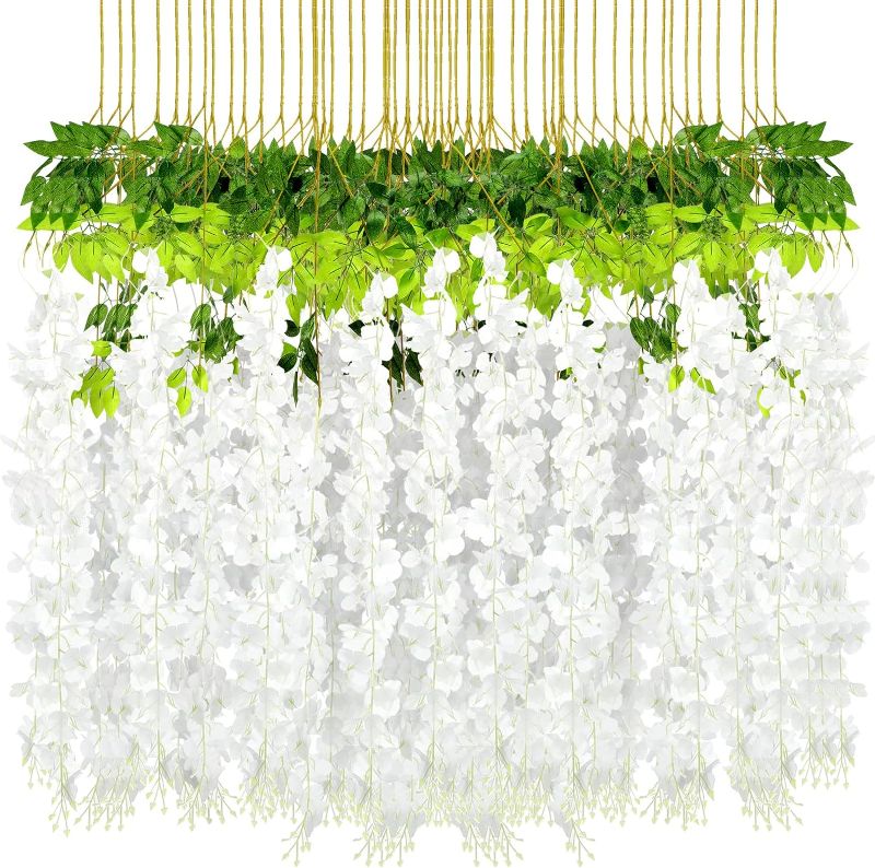 Photo 1 of 108 Pack 43.2 in/ 3.6 ft Artificial Fake Wisteria Hanging Flowers Wisteria Faux Flowers Garland Silk Wisteria Vine Rattan Long Hanging Flowers String for Home Outdoor Wedding Party 