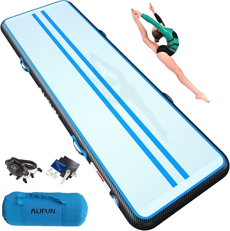 Photo 1 of ALIFUN Inflatable Tumbling Track Mat 6.6ft 10ft 13ft 16ft 20ft 30ft 40ft Length 4/8 Inches Thick 3.3ft/6.6ft Wide Flooring Training Mats for Gymnastics Team Sports with Electric Air Pump
