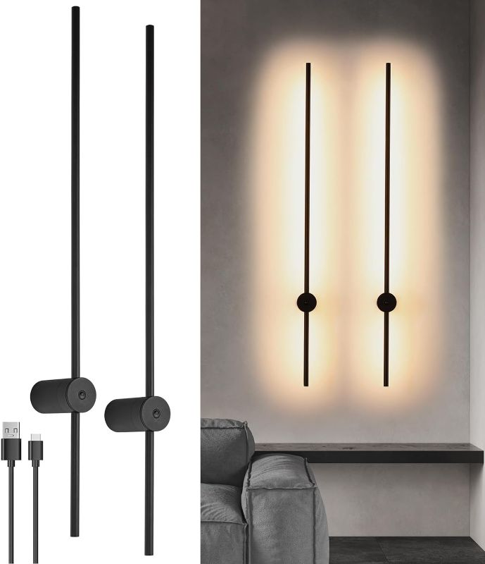 Photo 1 of Aanyhoh Modern LED Wall Sconces Battery Operated Lights Indoor with USB Charging Port, Matte Black Lamp Rechargeable Battery, Warm White Mounted Deco for Living Room, Bedroom, 2 Pack
