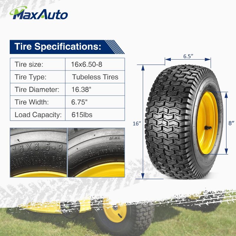 Photo 1 of MaxAuto 1Pcs 16x6.50-8 Front Tires and Wheels Assembly for Lawn Mower Tractors, 3" Offset Long Hub with 3/4"Bearings, Pneumatic Tire