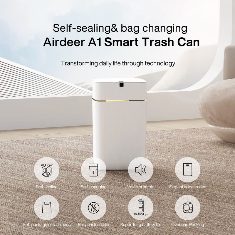 Photo 1 of Airdeer Automatic Trash Can, 4 Gallon Self Sealing and Self-Changing Smart Trash Can, Motion Sensor, Touchless Garbage can with lid for Kitchen Bathroom Office, 6 Refill Bag Rings(Golden line)
