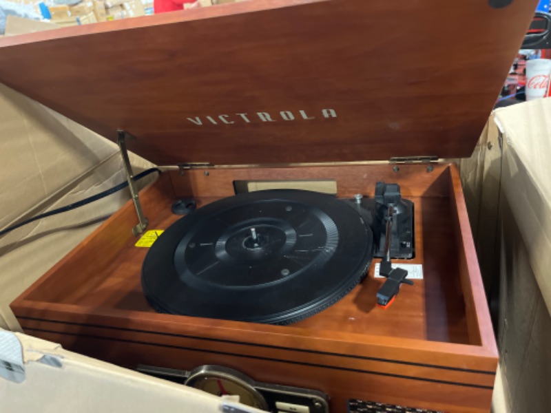Photo 4 of Victrola Nostalgic 7-in-1 Bluetooth Record Player & Multimedia Center with Built-in Speakers - 3-Speed Turntable, CD & Cassette Player, AM/FM Radio, USB | Wireless Music Streaming | Mahogany Mahogany (USB) Entertainment Center