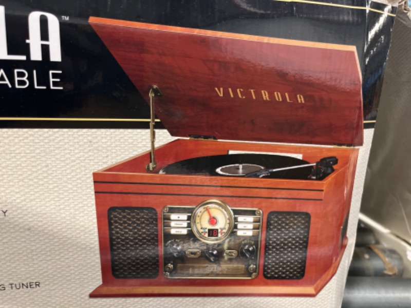 Photo 5 of Victrola Nostalgic 7-in-1 Bluetooth Record Player & Multimedia Center with Built-in Speakers - 3-Speed Turntable, CD & Cassette Player, AM/FM Radio, USB | Wireless Music Streaming | Mahogany Mahogany (USB) Entertainment Center