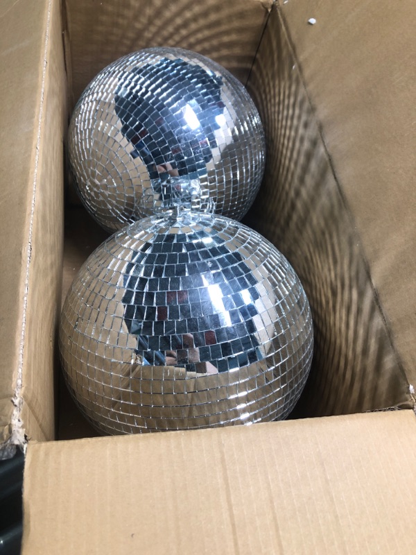 Photo 3 of 2 Pack Large Disco Ball Silver Hanging Mirror Disco Ball Reflective Mirror Disco Ball Ornament for Party Holiday Wedding Dance Music Festivals Decor Club Stage Props DJ Decoration (12 Inch, 12 Inch)