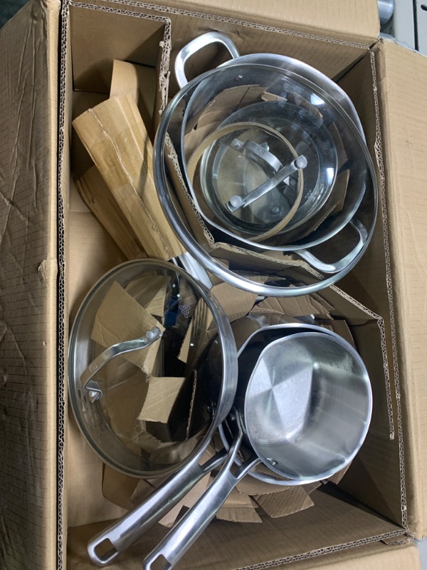 Photo 1 of ***MISSING PIECES*** Bergner - Gourmet - 12 Piece Stainless Steel Cookware Set - Includes 8”, 10, and 12” Fry Pans, 1.3-Quart Saucepan with Lid, 2-Quart Saucepan, 2.5-Quart Sauce Pan and a 5 Quart Dutch Oven
