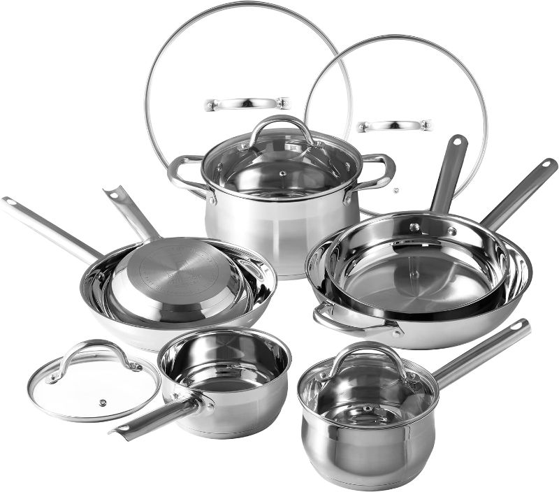 Photo 1 of ***MISSING PIECES*** Bergner - Gourmet - 12 Piece Stainless Steel Cookware Set - Includes 8”, 10, and 12” Fry Pans, 1.3-Quart Saucepan with Lid, 2-Quart Saucepan, 2.5-Quart Sauce Pan and a 5 Quart Dutch Oven
