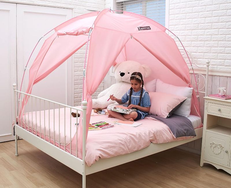 Photo 1 of BESTEN Floorless Indoor Privacy Tent on Bed for Warm and Cozy Sleep Inside Drafty Room (Full/Queen, Pink)
