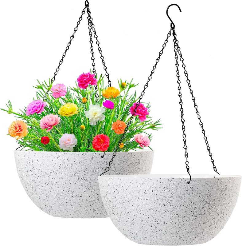 Photo 1 of WOUSIWER 13 inch 2Pack Large Hanging Planters for Outdoor Indoor Plants with Drainage Holes and Chain, Round Hanging Flower Pots for Garden Home Porch Decor, White Speckles