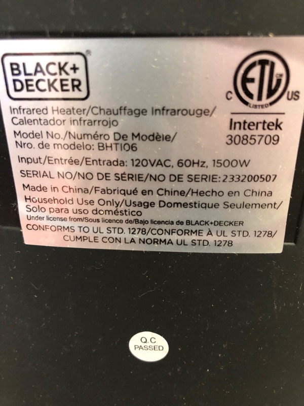 Photo 4 of BLACK+DECKER Infrared Quartz Tower Manual Control Indoor HeaterBlack
