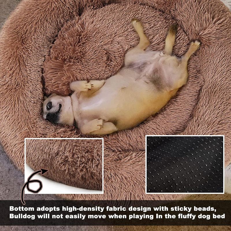 Photo 1 of Dog Beds for Medium Dogs Washable Donut French Bulldog Ded Calming Cat Bed for 2 Cats 30 Inches Fluffy Cozy Puppy Bed Washable Anti Anxiety Brown
