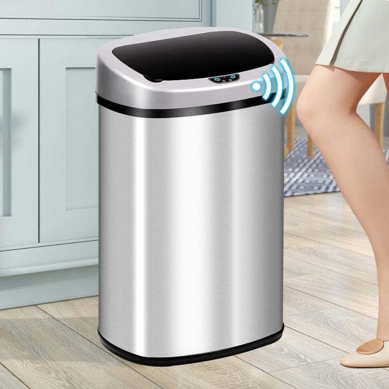 Photo 1 of 13-Gallon Kitchen Trash Can 50l Stainless Steel Garbage Can Automatic Touch Free Garbage Bin Motion Sensor Trash Can with Lid Metal Waste Bin for Office Tall Trash Bin Touchless, Silver
