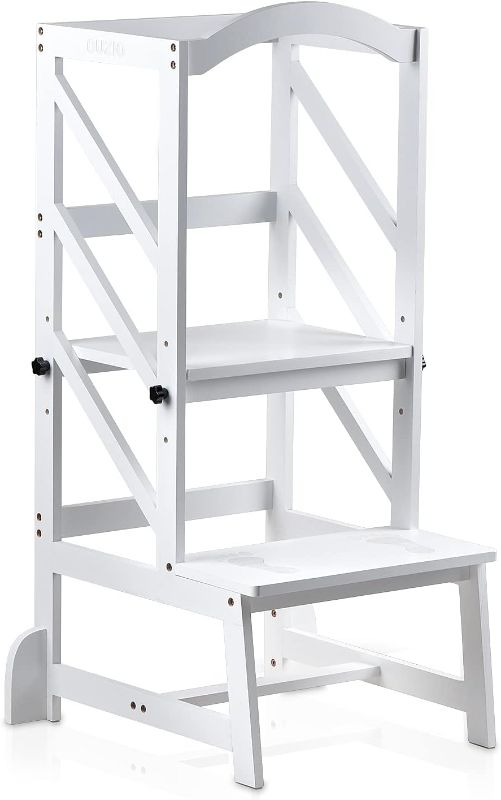 Photo 1 of Adjustable Height Kitchen Step Stool,Kids Learning Stool,Mothers' Helper, OUZIO Kitchen Toddler Standing Tower Stool Helper for Kids with Safety Rail White Color
