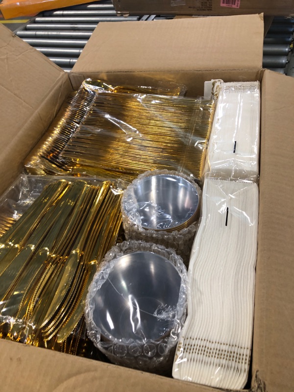 Photo 3 of 700 Piece Gold Dinnerware Set for 100 Guests, Plastic Plates Disposable for Party, Include: 100 Gold Rim Dinner Plates, 100 Dessert Plates, 100 Paper Napkins, 100 Cups, 100 Gold Plastic Silverware Set