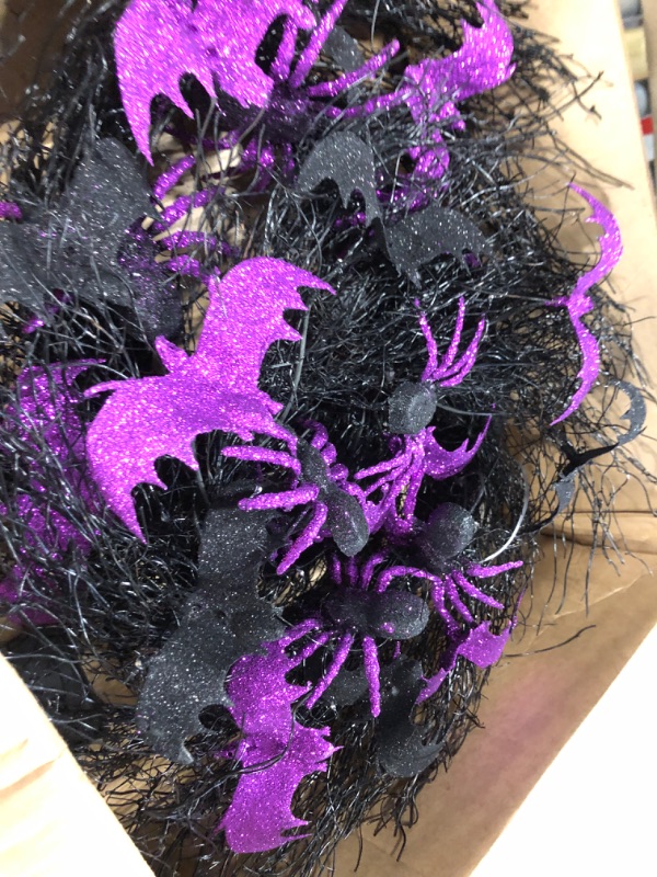 Photo 3 of 20 Inch Prelit Halloween Wreath, Halloween Wreaths for Front Door with 30 Purple LED Lights Glitter Bats and Spiders, Light Up Bat Wreath for Indoor Outdoor Home Party Decorations Halloween Bat Wreath