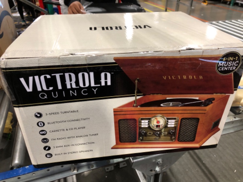 Photo 4 of Victrola Nostalgic 6-in-1 Bluetooth Record Player & Multimedia Center with Built-in Speakers - 3-Speed Turntable, CD & Cassette Player, FM Radio | Wireless Music Streaming | Mahogany Mahogany Entertainment Center