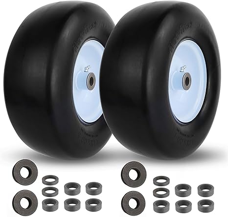Photo 1 of 13x5.00-6 flat free tire and wheel, Zero-Turn Mower Front Solid Tire Assembly for Riding Lawn Mower Garden Tractor,3/4" Grease Bushing with Extra 5/8" Bushing,3.25"- 5.9" Center Hub (2 Pack)