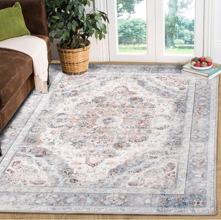 Photo 3 of 5’x7’ Rugs for Living Room Vintage Boho Washable Area Rug Non-Slip Light Gray White Large Rug for Bedroom Dining Room Office Dorm Laundry Room Carpet Oriental Medallion Aesthetic Retro