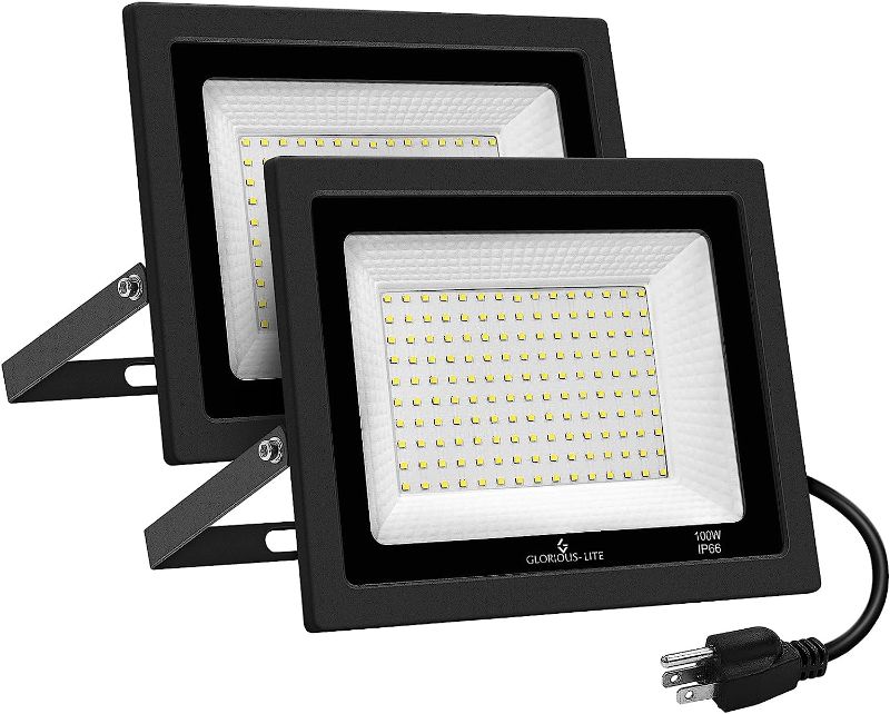 Photo 1 of GLORIOUS-LITE LED Flood Lights Outdoor, 100W 10000LM Outside LED Work Light with Plug, 6000K Daylight White, IP66 Waterproof Portable Spot Security Lights for Garage, Yard, Garden, Playground(2 Pack)
