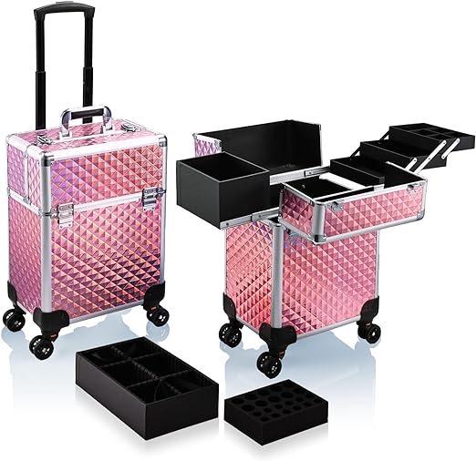 Photo 1 of **minor damage (lock handle broken)**
 Stagiant Rolling Makeup Train Case Large Storage Cosmetic Trolley 4 in 1 Large Capacity Trolley Makeup Travel Case with Key Swivel Wheels Salon Barber Case Traveling Cart Trunk Pink