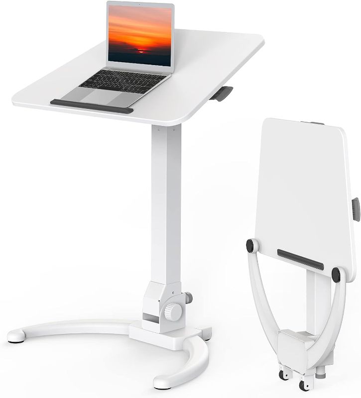 Photo 1 of jOY worker Foldable Mobile Standing Desk, Pneumatic Height Adjustable Sit Stand Desk, 90° Tiltable Rolling Laptop Desk, Portable Desk with Wheels Non-Slip Mat for Home Office, Holds Up to 22lbs, White