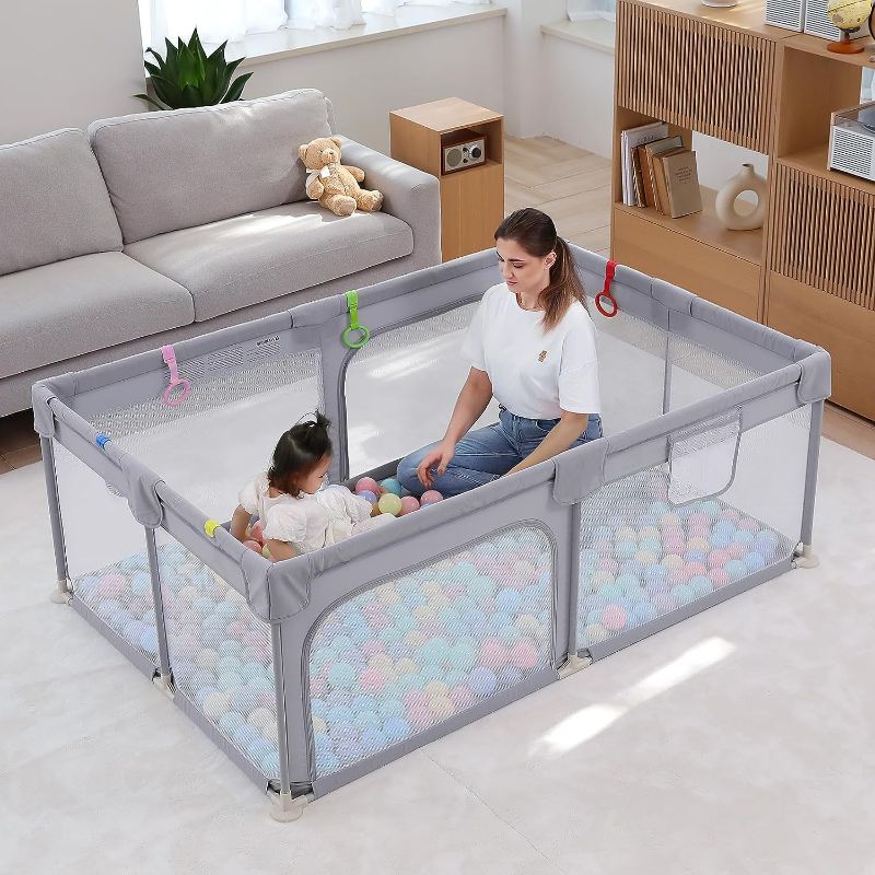 Photo 1 of Dripex Baby Playpen, 71"x47" Large Play Pens for Babies and Toddlers, Safe Anti-Fall Play Yard, Visible Baby Play Pen with Gate, Baby Fence Play Area with Pull-up Ring, Washable Baby Play Yards, Grey
