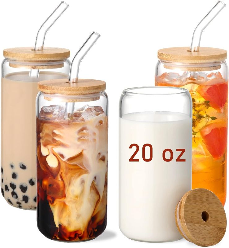 Photo 1 of 20 OZ Glass Cups with Bamboo Lids and Glass Straw - 4pcs Set Beer Can Shaped Drinking Glasses, Iced Coffee Glasses, Cute Tumbler Cup for Smoothie, Boba Tea, Whiskey, Water - 2 Cleaning Brushes