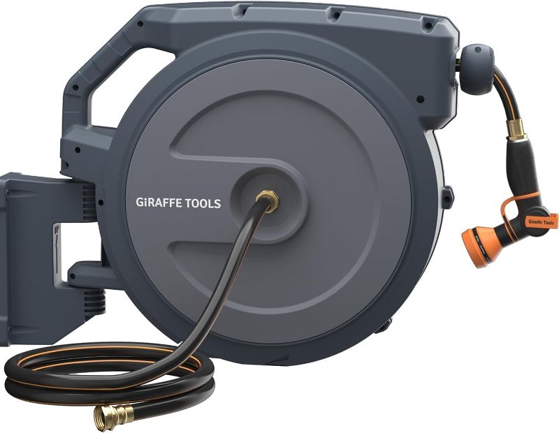 Photo 1 of Giraffe Tools AW405/8 Retractable Hose Reel 1/2" x 90 ft Wall Mounted Garden Hose Reel Heavy Duty, Automatic Rewind, 180 Deg Swivel, Any Length Lock, 9 Pattern Nozzle, 90ft, Dark Grey