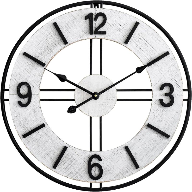 Photo 1 of JUMBO HUMBLE Large Farmhouse Wood and Metal Wall Clock, Rustic Oversized Wall Clock Silent Non-Ticking Wall Clock for Home, Kitchen, Living Room, Battery Operated 24 Inch White