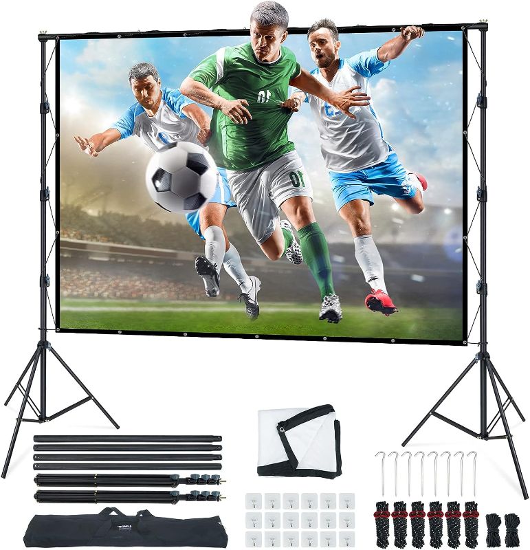 Photo 1 of Projector Screen and Stand,Large Indoor Outdoor Movie Projection Screen 4K HD 16: 9 Wrinkle-Free Design for Backyard Movie Night Easy to Clean, 1.1Gain, 160° Viewing Angle & A Carry Bag (Screen-120ST)