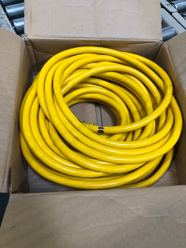 Photo 2 of Iron Forge Cable 75 Foot Lighted Outdoor Extension Cord - 10/3 SJTW Yellow 10 Gauge Extension Cable with 3 Prong Grounded Plug for Safety, 15 AMP - Great for Garden and Major Appliances 75 Foot Yellow